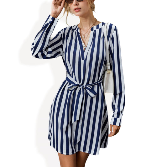 Anna-Kaci Women's Long Sleeve Striped Mini Dress with Tie Waist