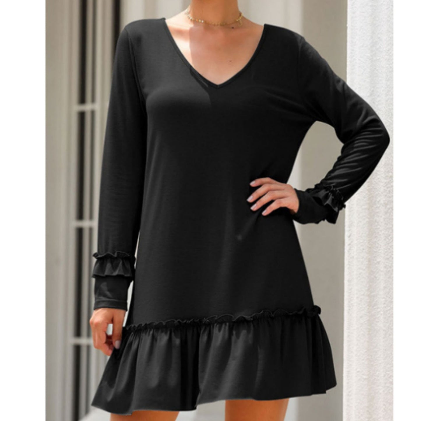 Anna-Kaci Women's Long Sleeve V Neck Ruffle Hem Mini Dress with Flowy Silhouette