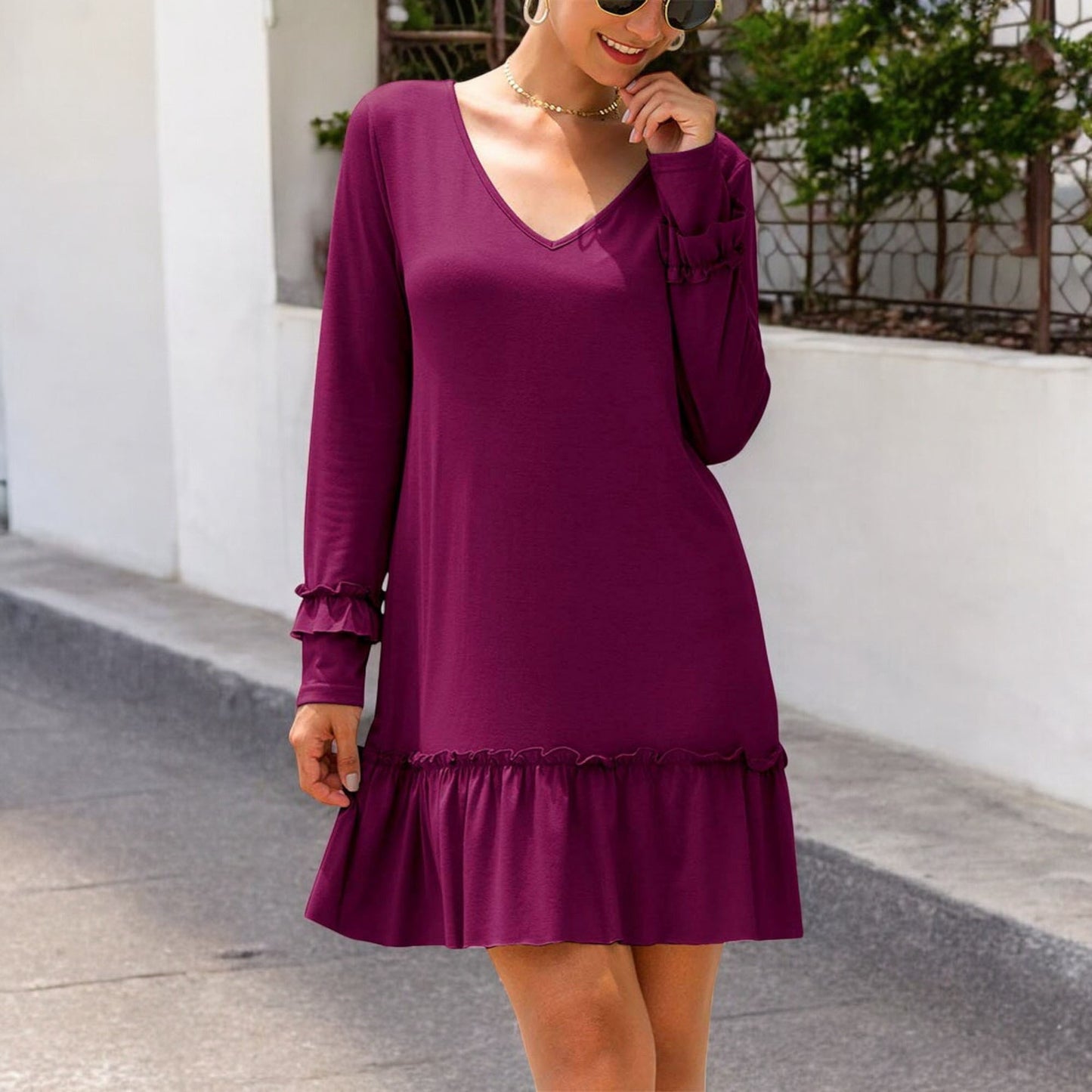 Anna-Kaci Women's Long Sleeve V Neck Ruffle Hem Mini Dress with Flowy Silhouette