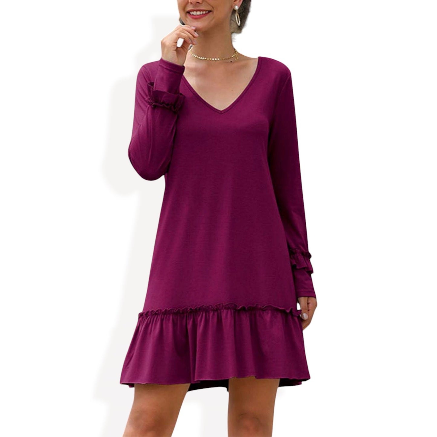 Anna-Kaci Women's Long Sleeve V Neck Ruffle Hem Mini Dress with Flowy Silhouette
