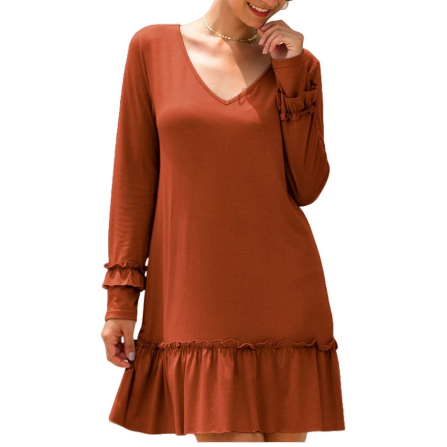 Anna-Kaci Women's Long Sleeve V Neck Ruffle Hem Mini Dress with Flowy Silhouette