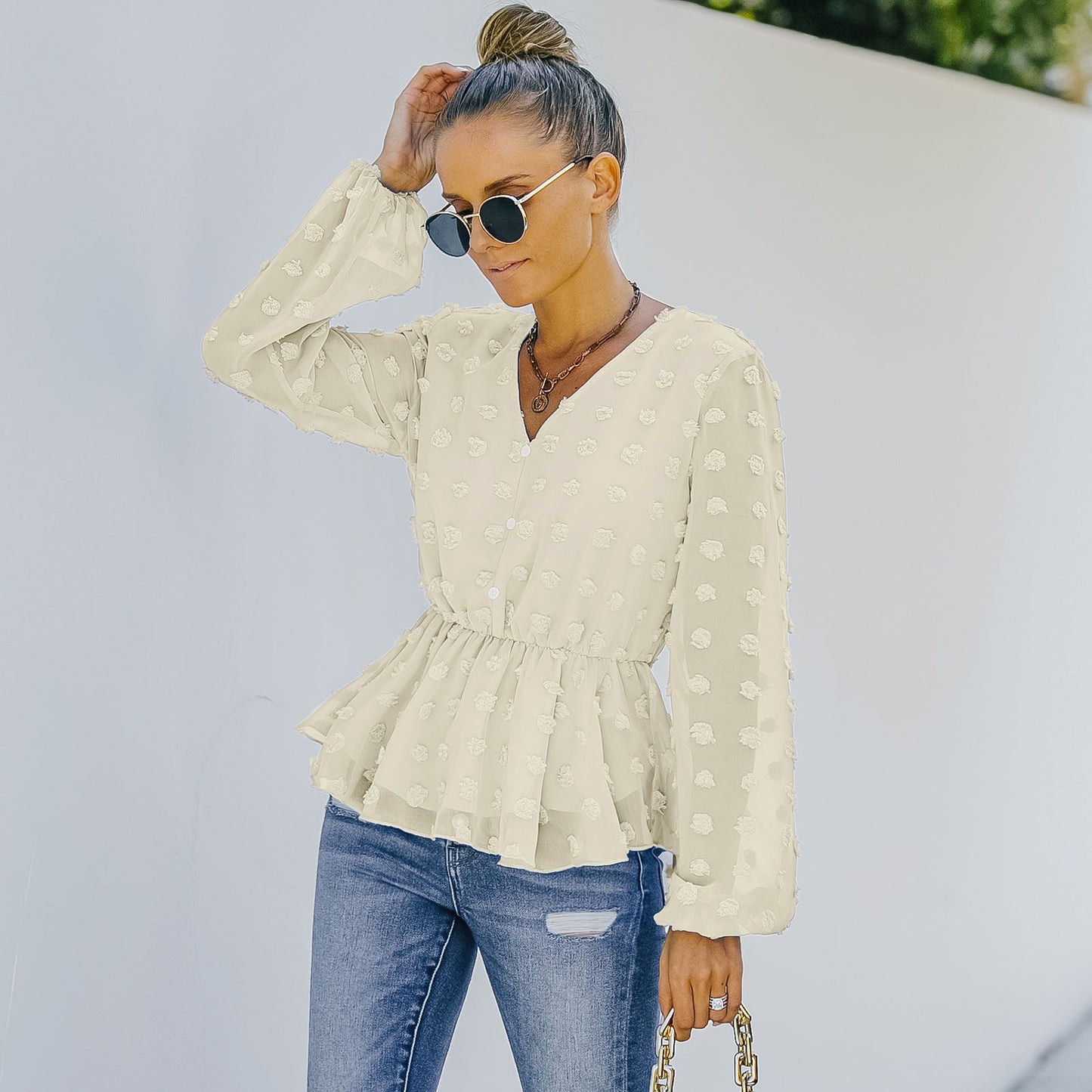 V-neck Solid Color Semi Sheer Swiis Dot Blouse