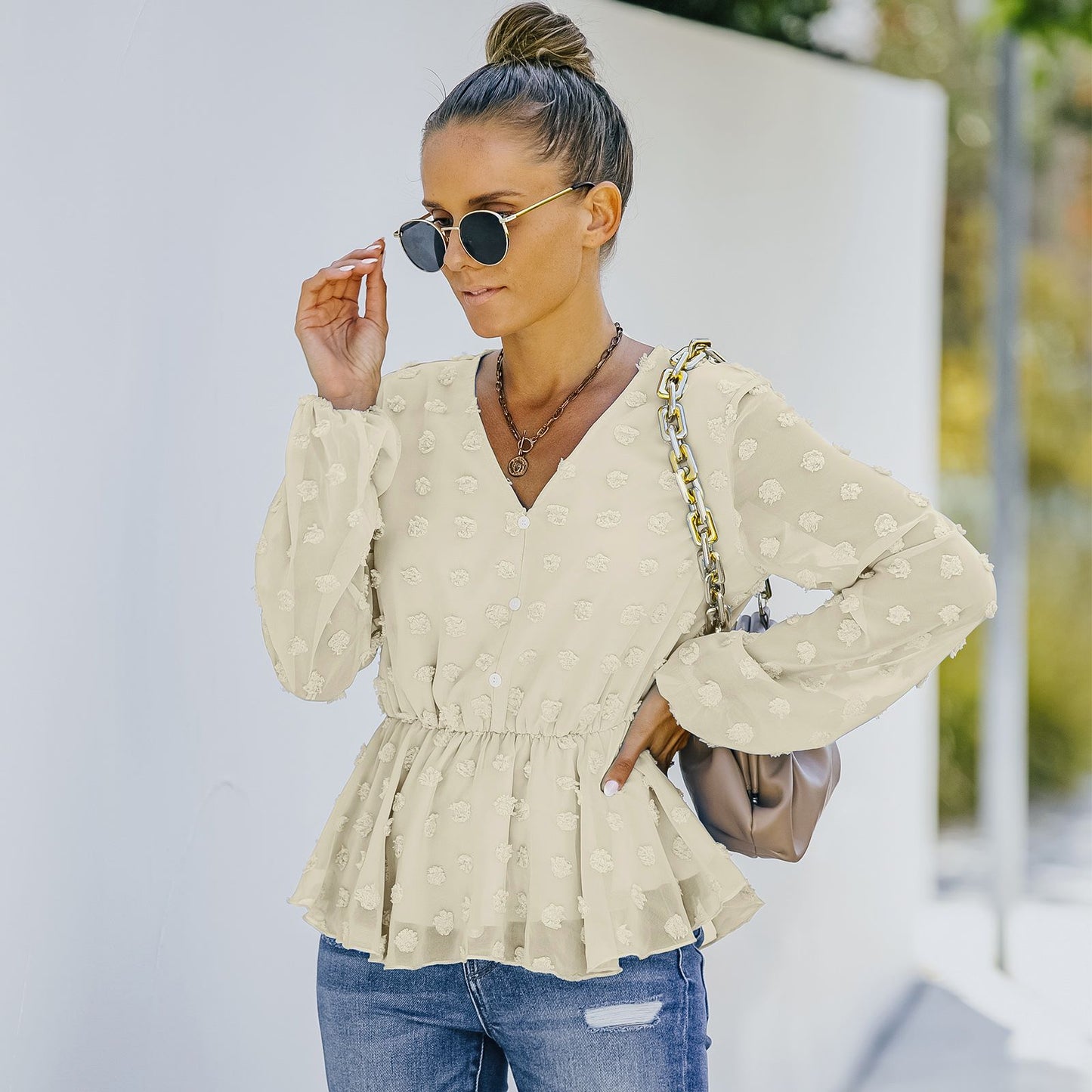 V-neck Solid Color Semi Sheer Swiis Dot Blouse