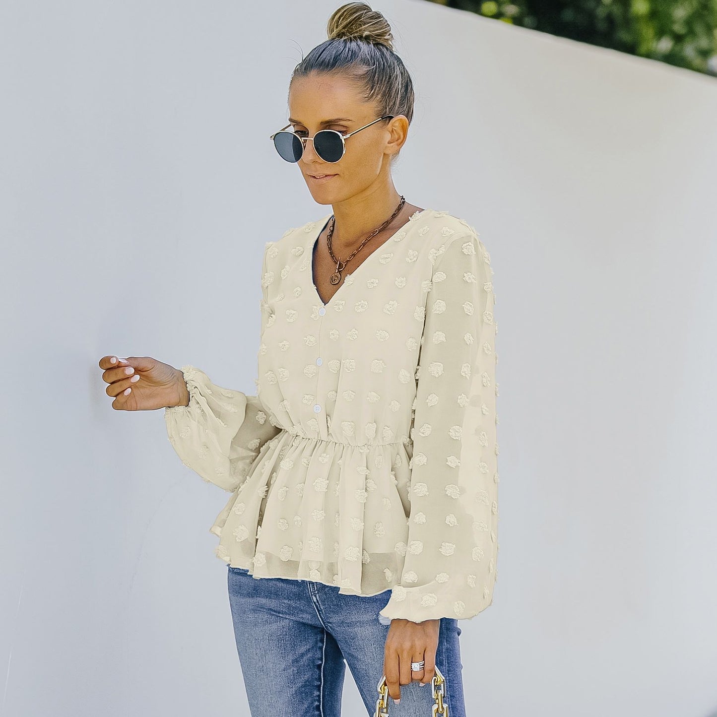V-neck Solid Color Semi Sheer Swiis Dot Blouse