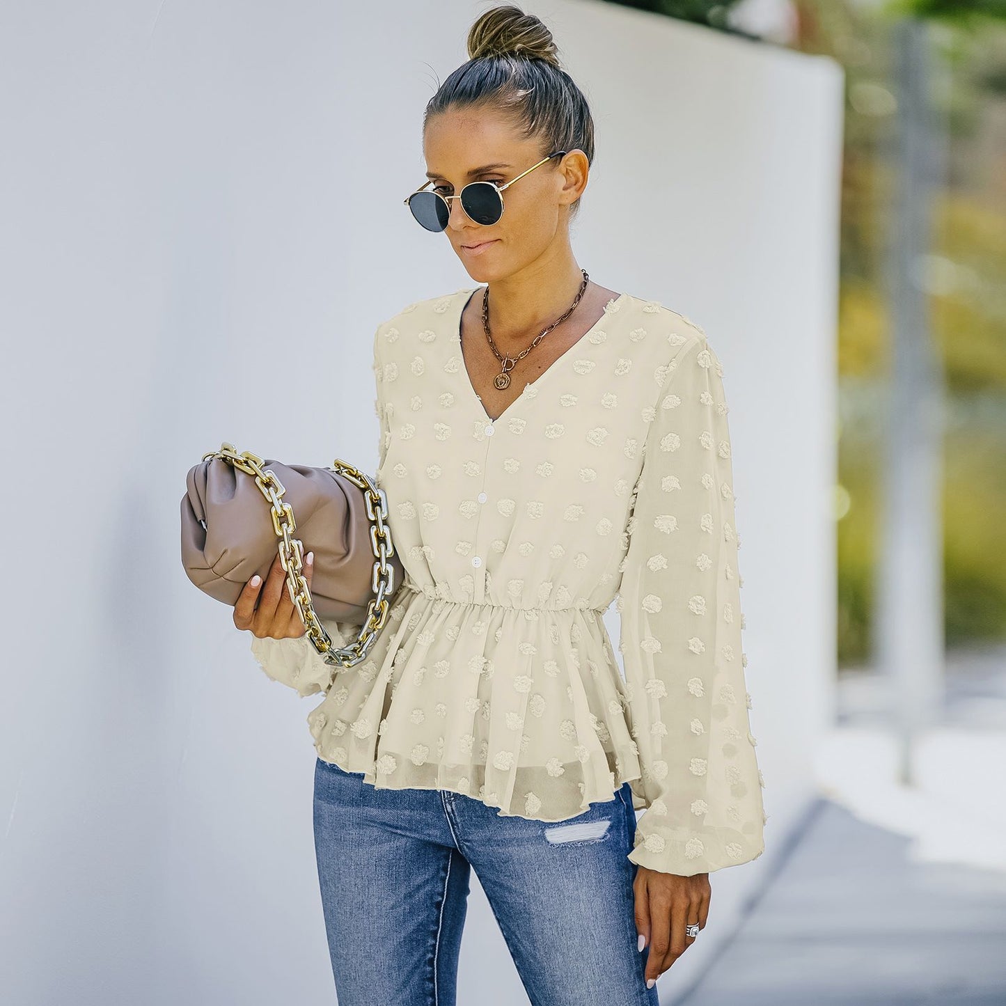 V-neck Solid Color Semi Sheer Swiis Dot Blouse