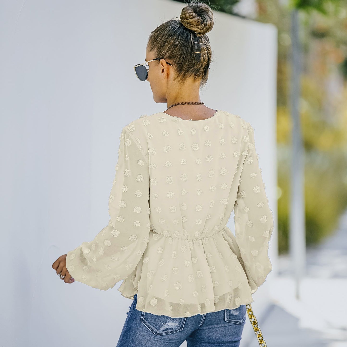 V-neck Solid Color Semi Sheer Swiis Dot Blouse