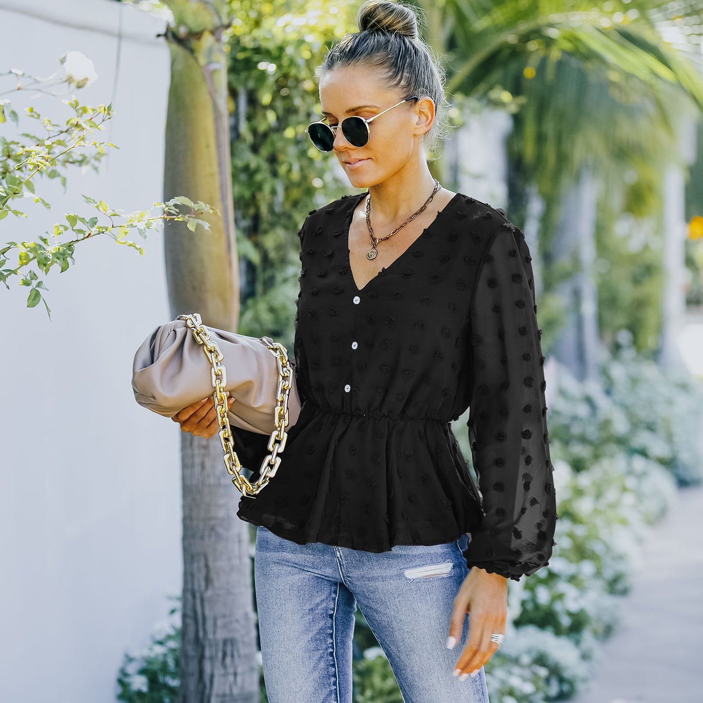 V-neck Solid Color Semi Sheer Swiis Dot Blouse