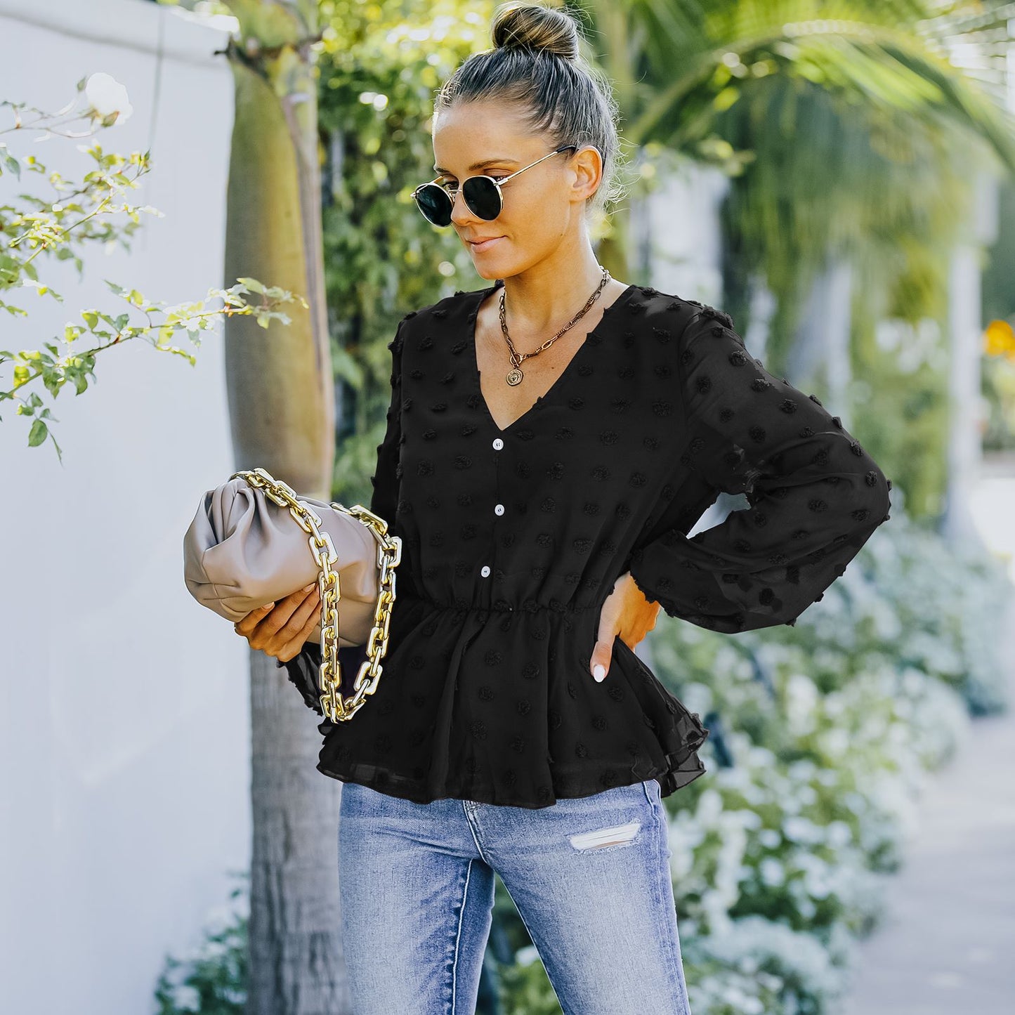 V-neck Solid Color Semi Sheer Swiis Dot Blouse