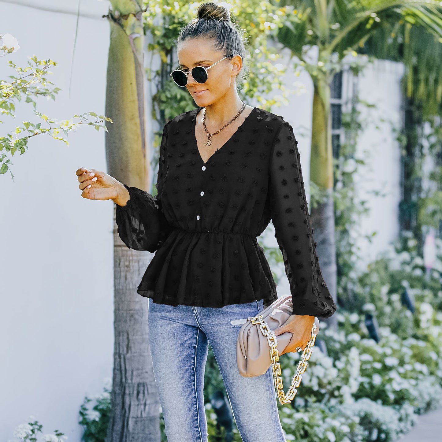 V-neck Solid Color Semi Sheer Swiis Dot Blouse