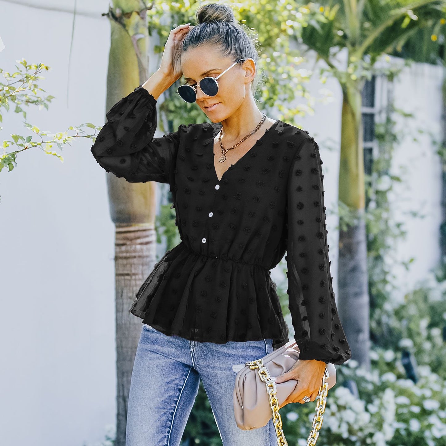 V-neck Solid Color Semi Sheer Swiis Dot Blouse