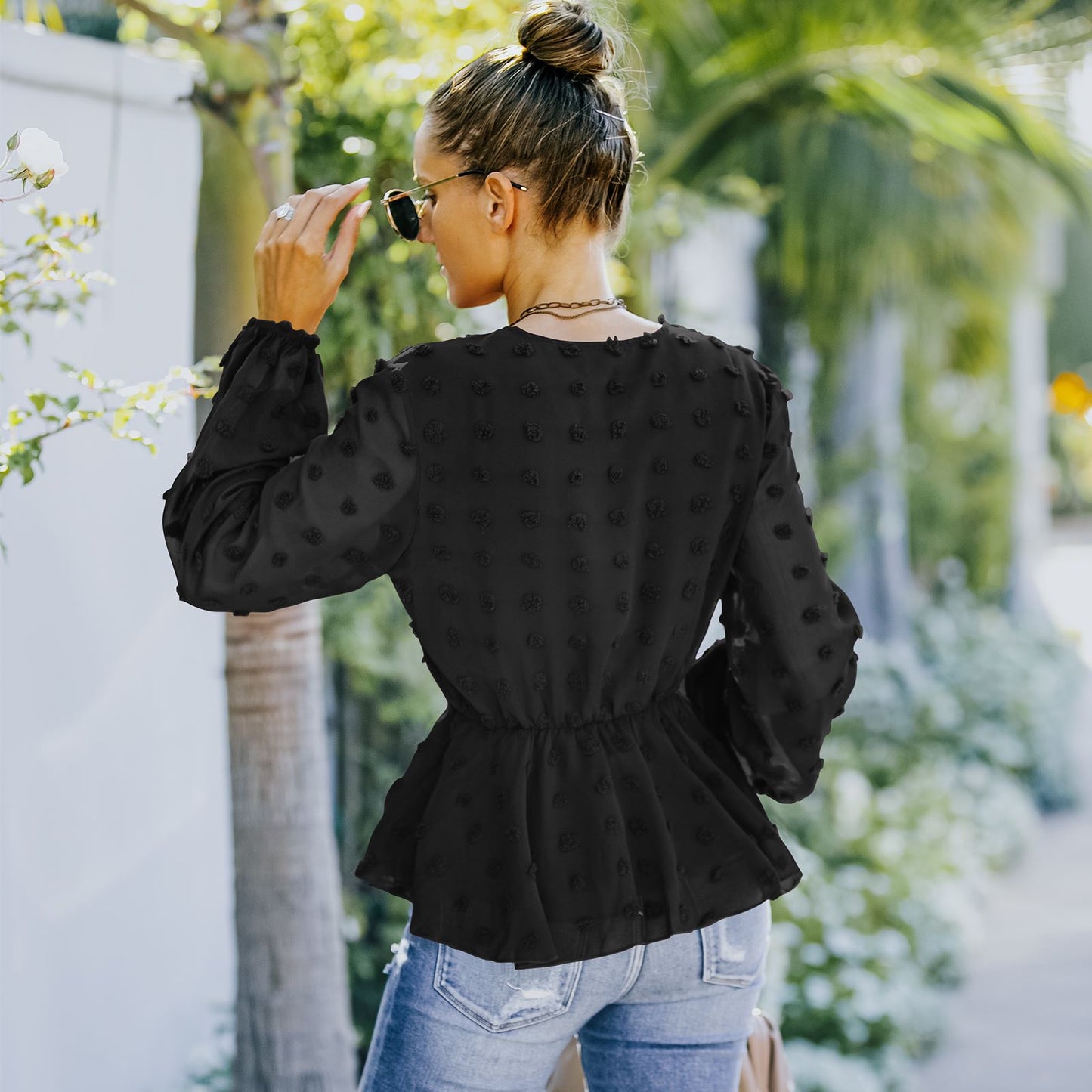 V-neck Solid Color Semi Sheer Swiis Dot Blouse