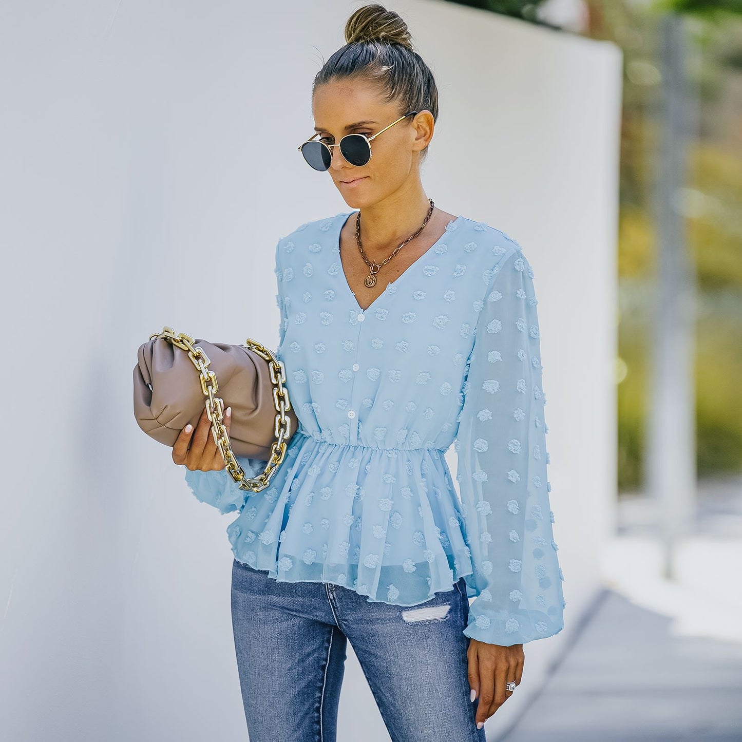 V-neck Solid Color Semi Sheer Swiis Dot Blouse