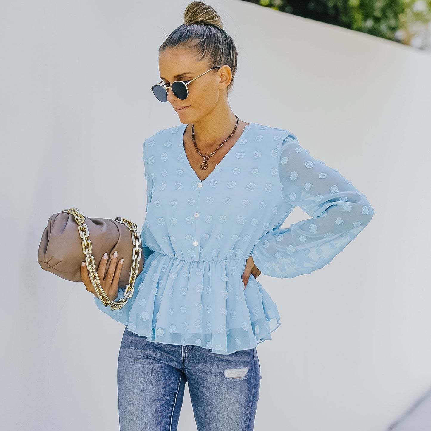 V-neck Solid Color Semi Sheer Swiis Dot Blouse