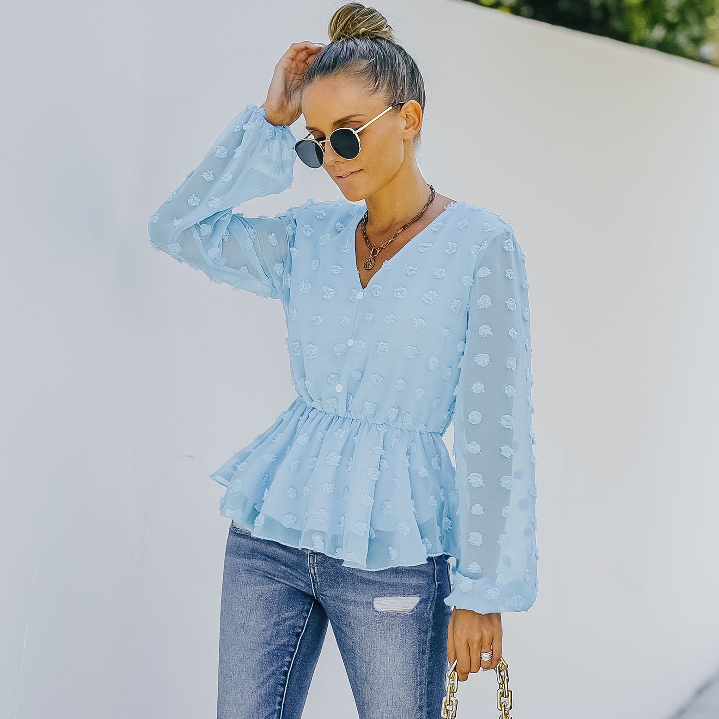 V-neck Solid Color Semi Sheer Swiis Dot Blouse