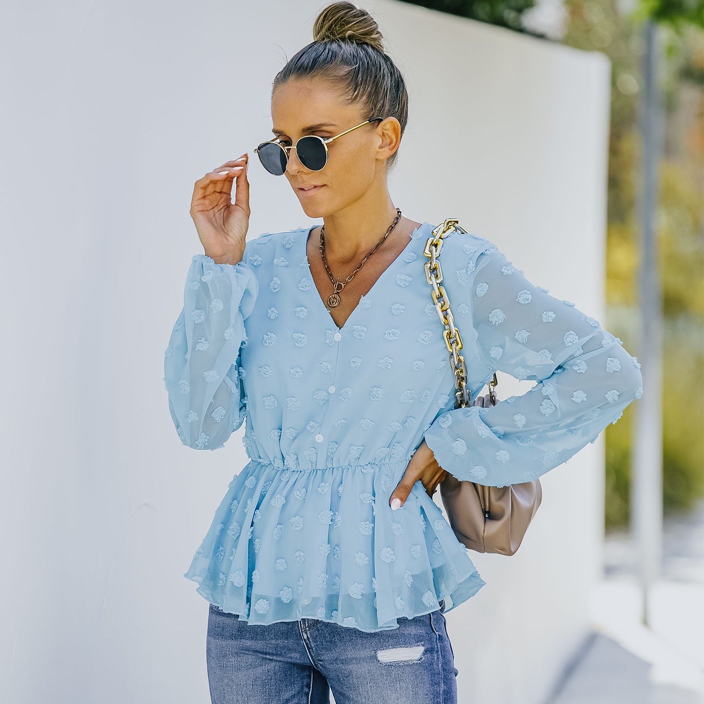 V-neck Solid Color Semi Sheer Swiis Dot Blouse