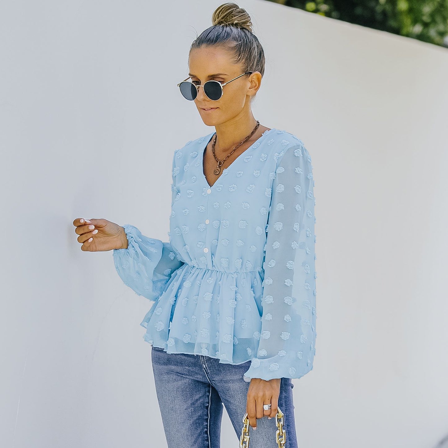 V-neck Solid Color Semi Sheer Swiis Dot Blouse