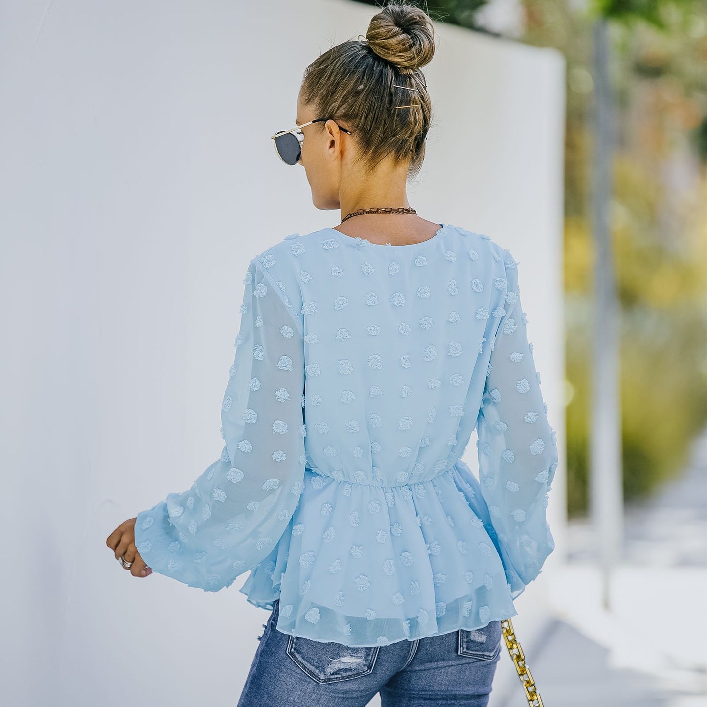 V-neck Solid Color Semi Sheer Swiis Dot Blouse