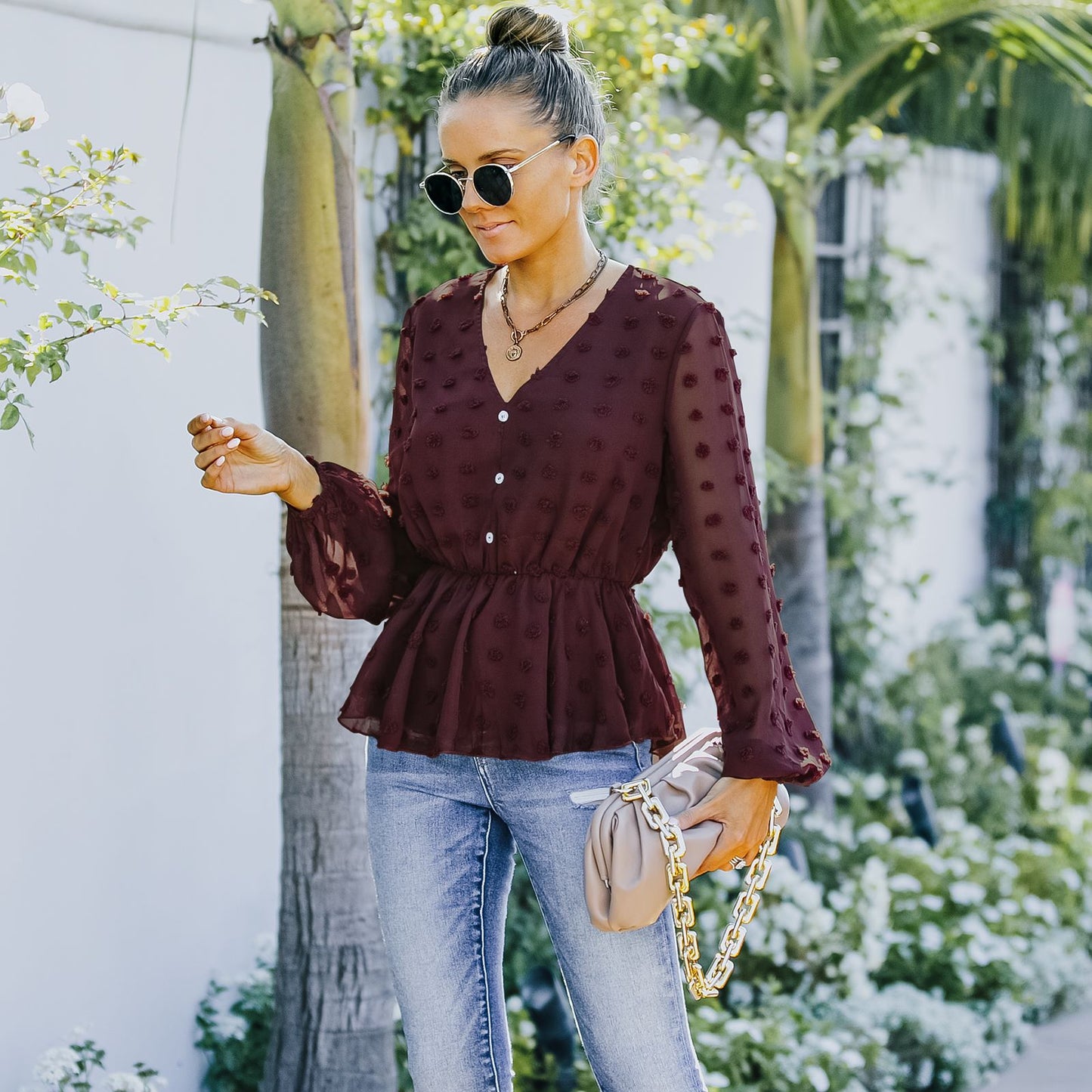 V-neck Solid Color Semi Sheer Swiis Dot Blouse