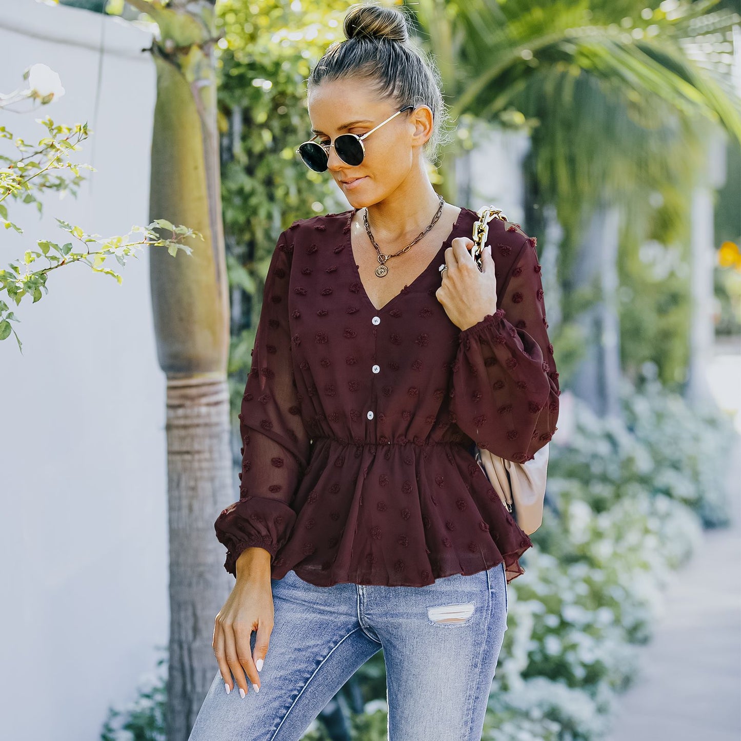 V-neck Solid Color Semi Sheer Swiis Dot Blouse