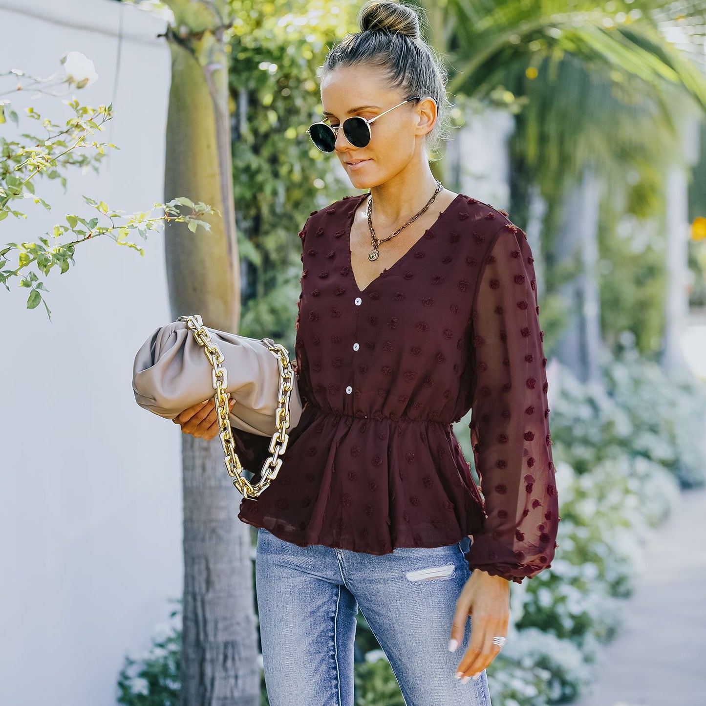 V-neck Solid Color Semi Sheer Swiis Dot Blouse