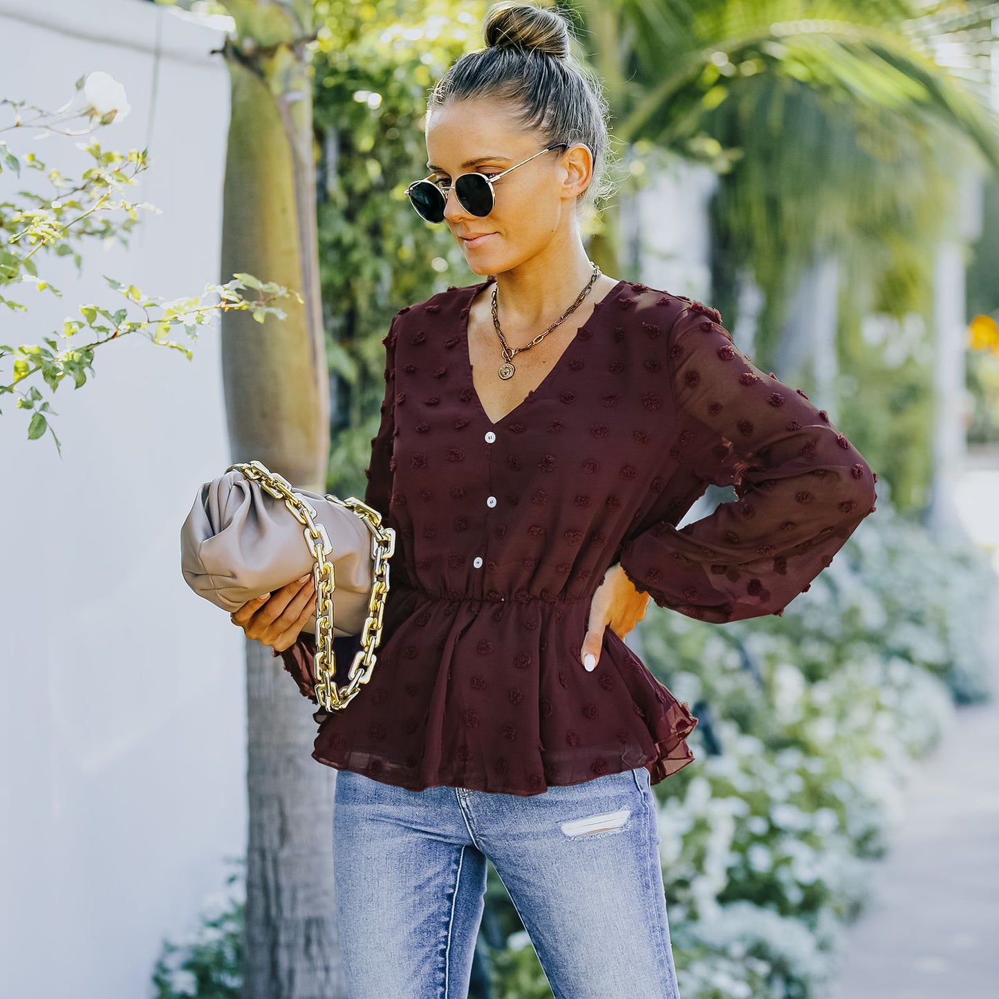 V-neck Solid Color Semi Sheer Swiis Dot Blouse