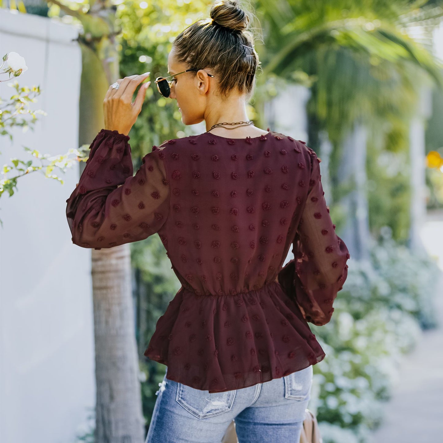 V-neck Solid Color Semi Sheer Swiis Dot Blouse