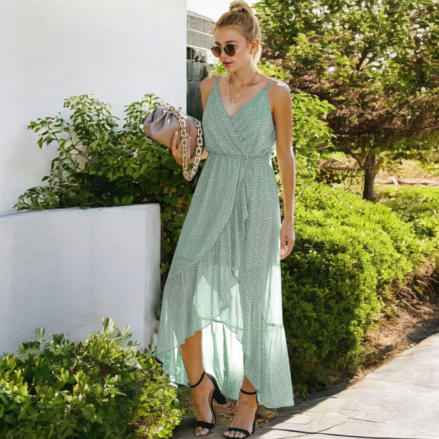 Anna-Kaci Women's Sleeveless V-Neck Wrap Maxi Dress with High-Low Hem