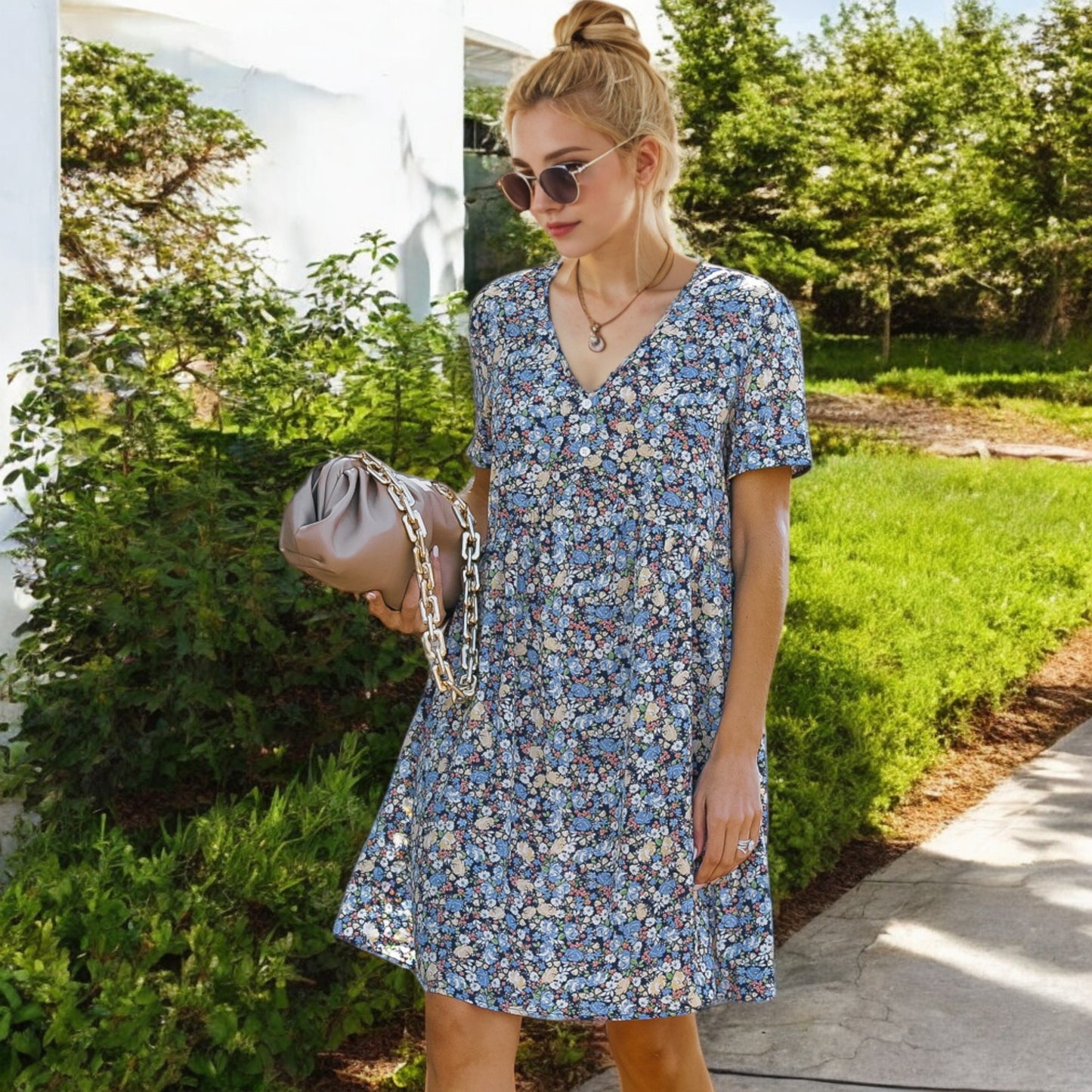 Anna-Kaci Women's Short Sleeve V-Neck Floral Print Swing Dress with Relaxed Fit