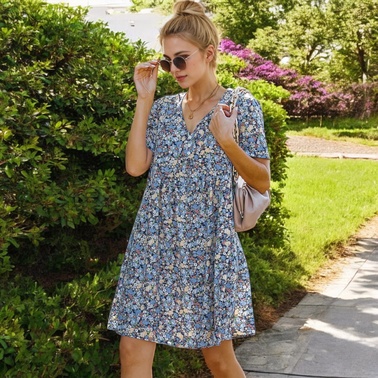 Anna-Kaci Women's Short Sleeve V-Neck Floral Print Swing Dress with Relaxed Fit