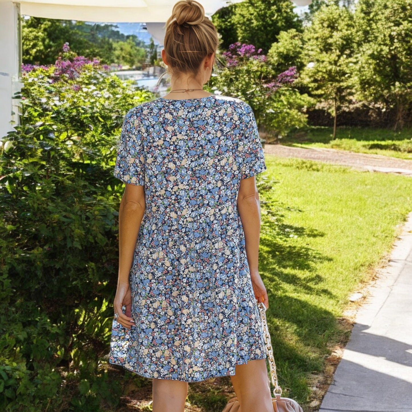 Anna-Kaci Women's Short Sleeve V-Neck Floral Print Swing Dress with Relaxed Fit