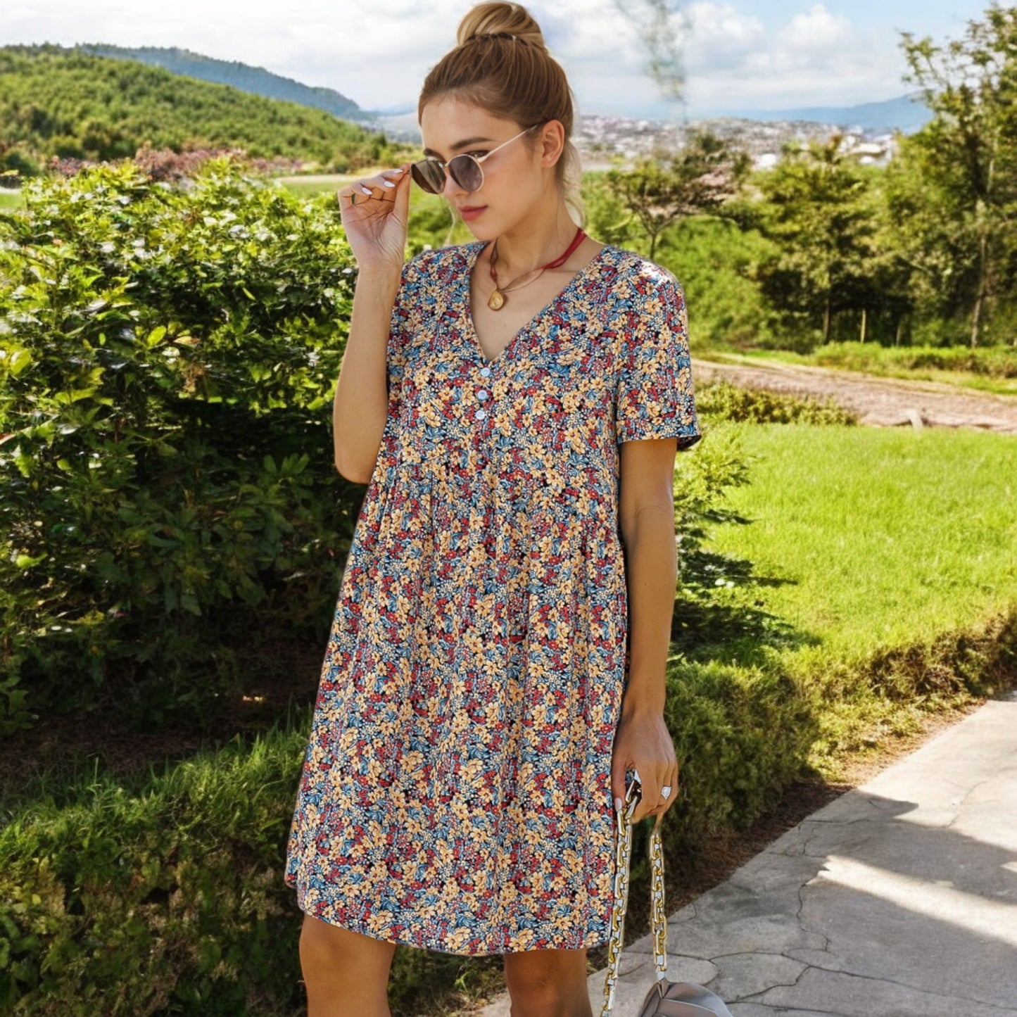 Anna-Kaci Women's Short Sleeve V-Neck Floral Print Swing Dress with Relaxed Fit