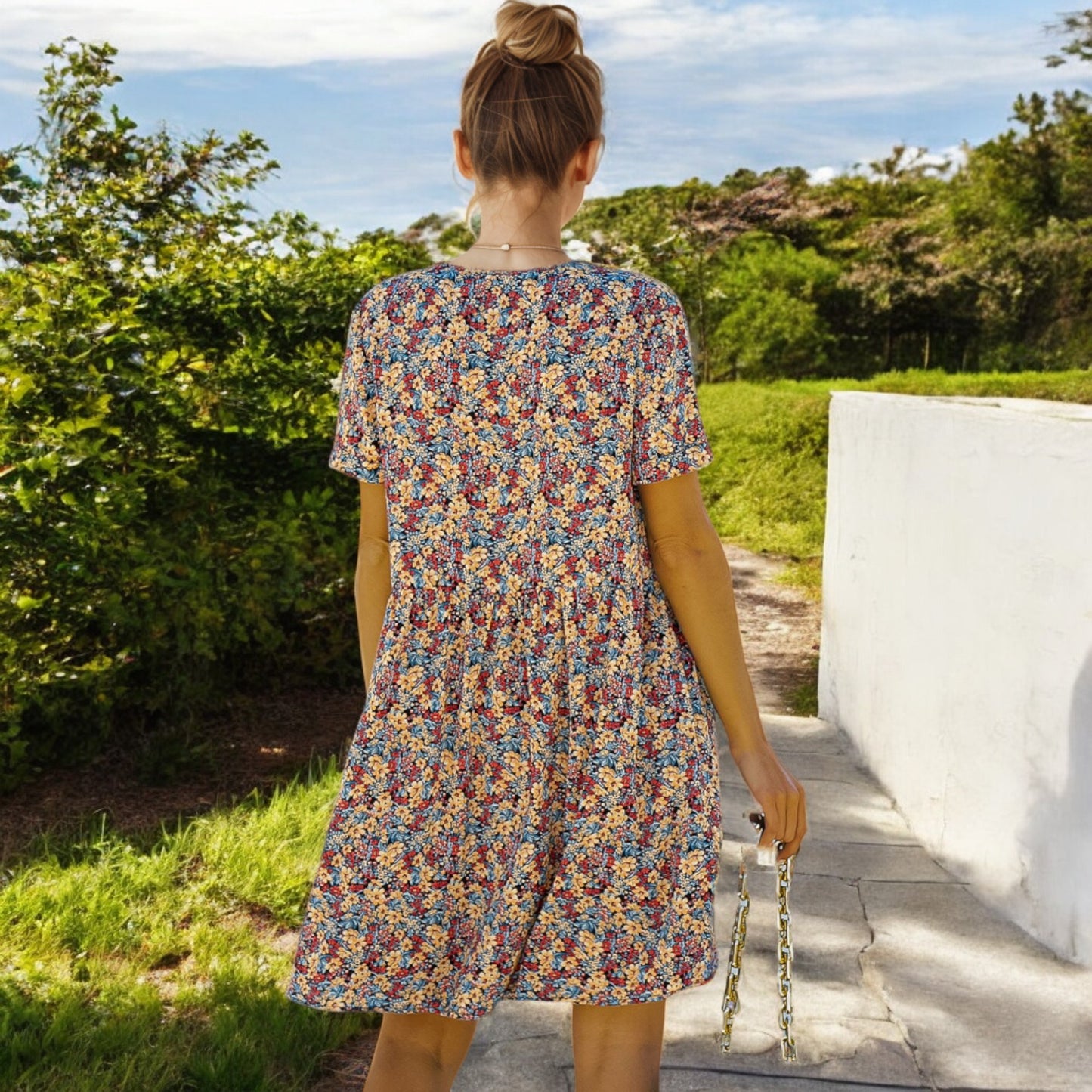 Anna-Kaci Women's Short Sleeve V-Neck Floral Print Swing Dress with Relaxed Fit