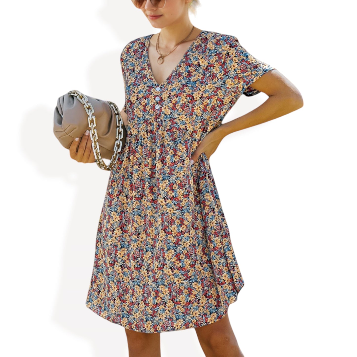 Anna-Kaci Women's Short Sleeve V-Neck Floral Print Swing Dress with Relaxed Fit