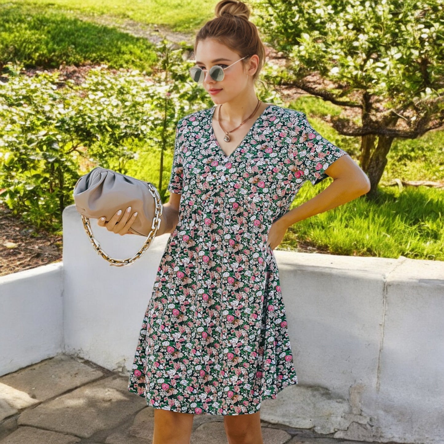 Anna-Kaci Women's Short Sleeve V-Neck Floral Print Swing Dress with Relaxed Fit