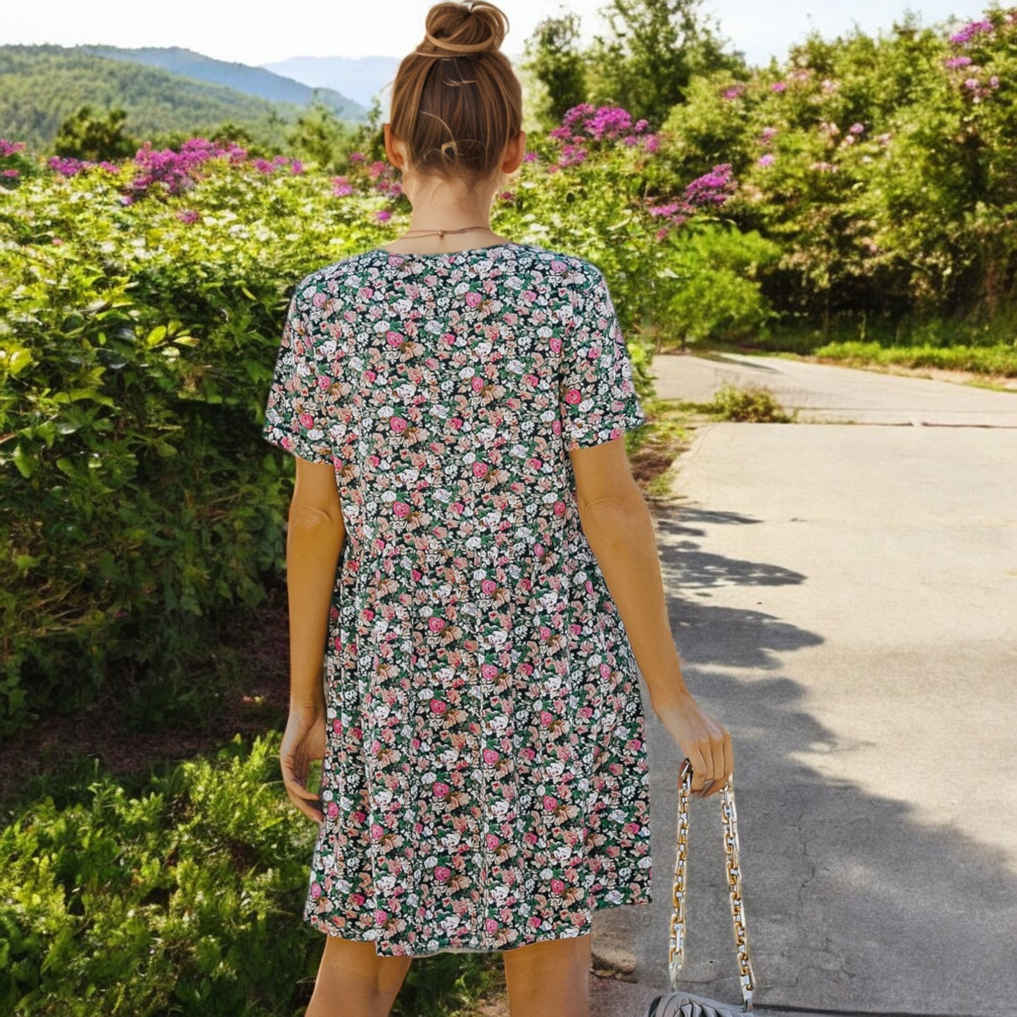 Anna-Kaci Women's Short Sleeve V-Neck Floral Print Swing Dress with Relaxed Fit