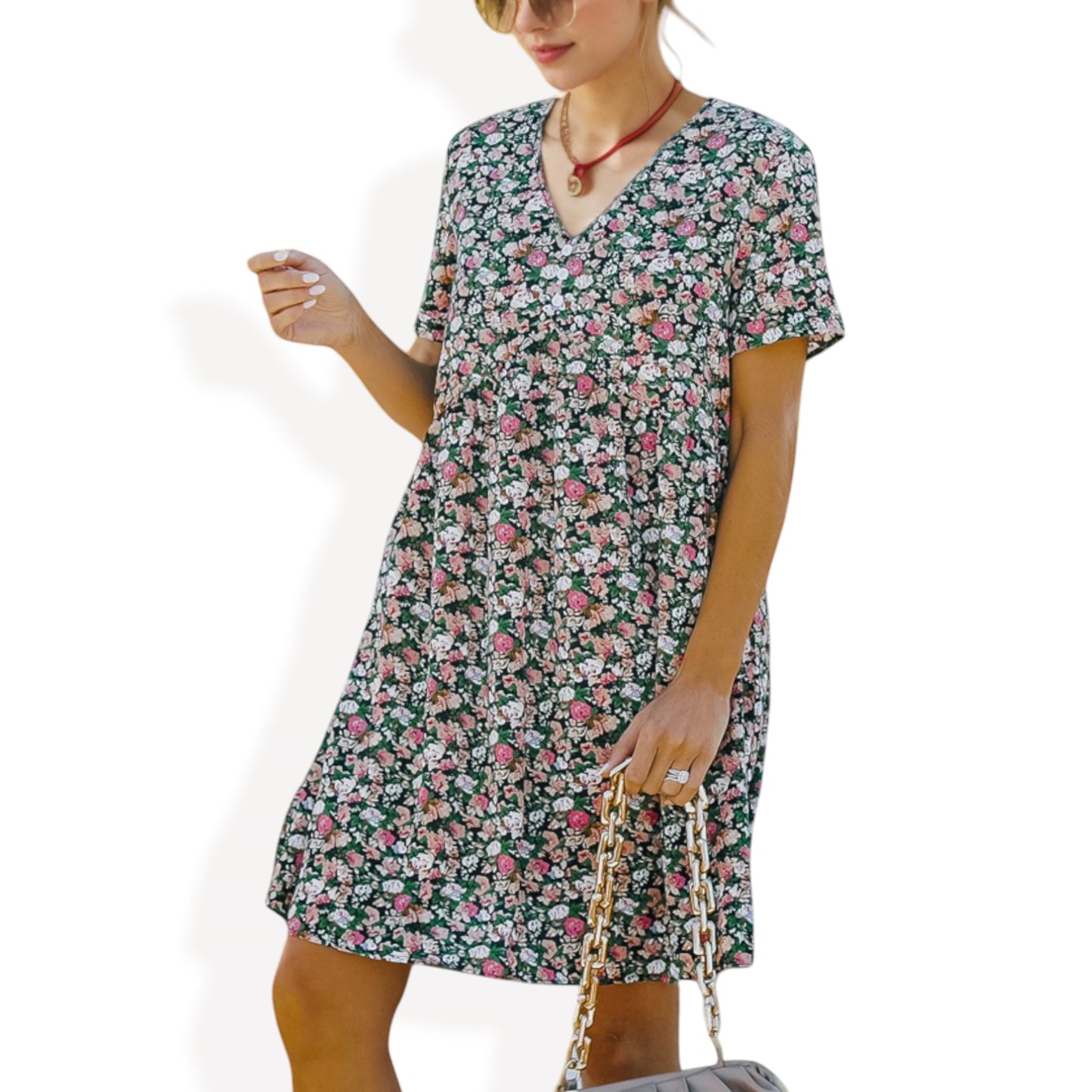 Anna-Kaci Women's Short Sleeve V-Neck Floral Print Swing Dress with Relaxed Fit
