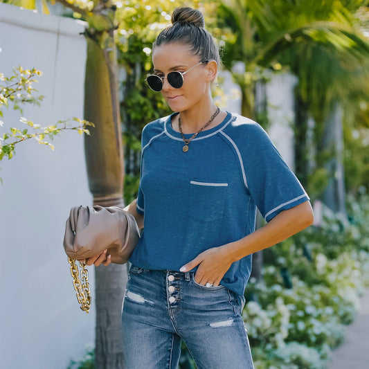 Camiseta básica de verano con cuello redondo, manga corta y bolsillo en el pecho