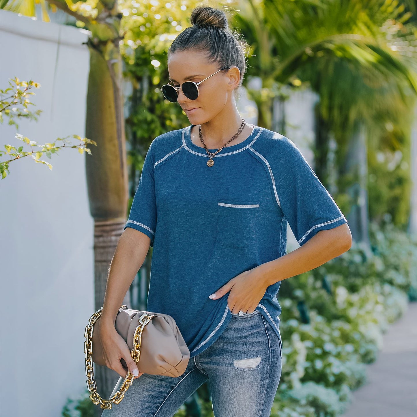 Summer Basic Round Neck Short Sleeve Chest Pocket T-shirt