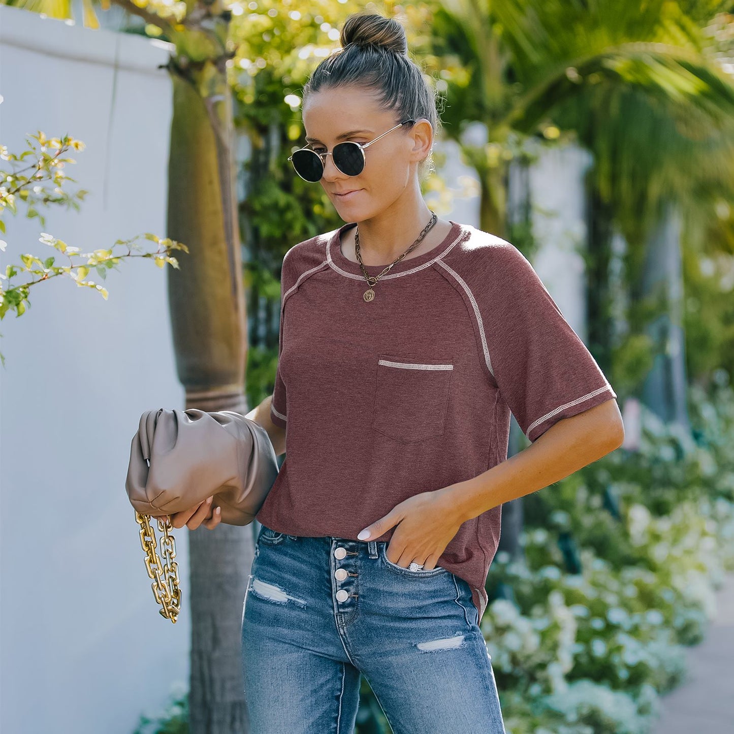 Summer Basic Round Neck Short Sleeve Chest Pocket T-shirt