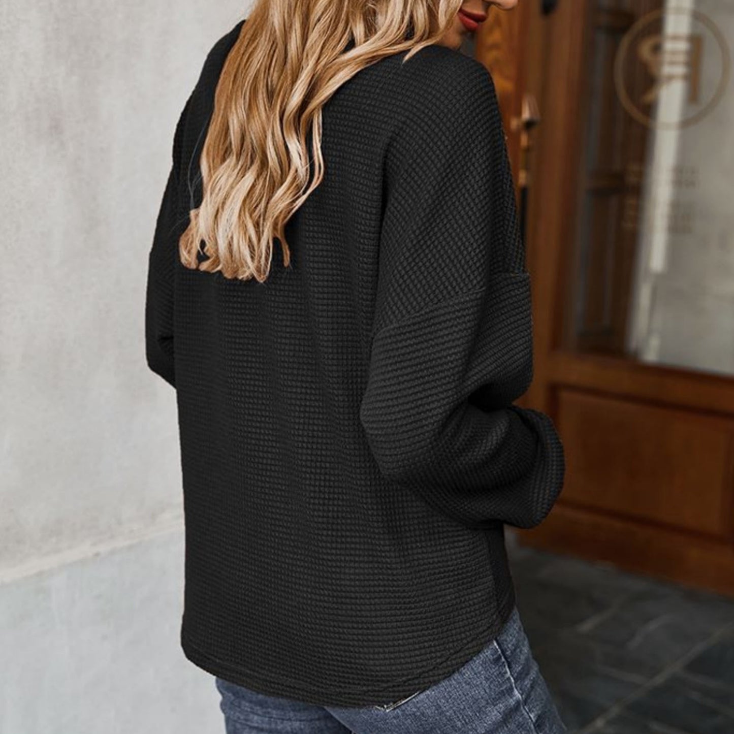 Anna-Kaci Women's Long Sleeve Waffle Knit Pullover Top with Shoulder Button Detail and Front Tie Hem