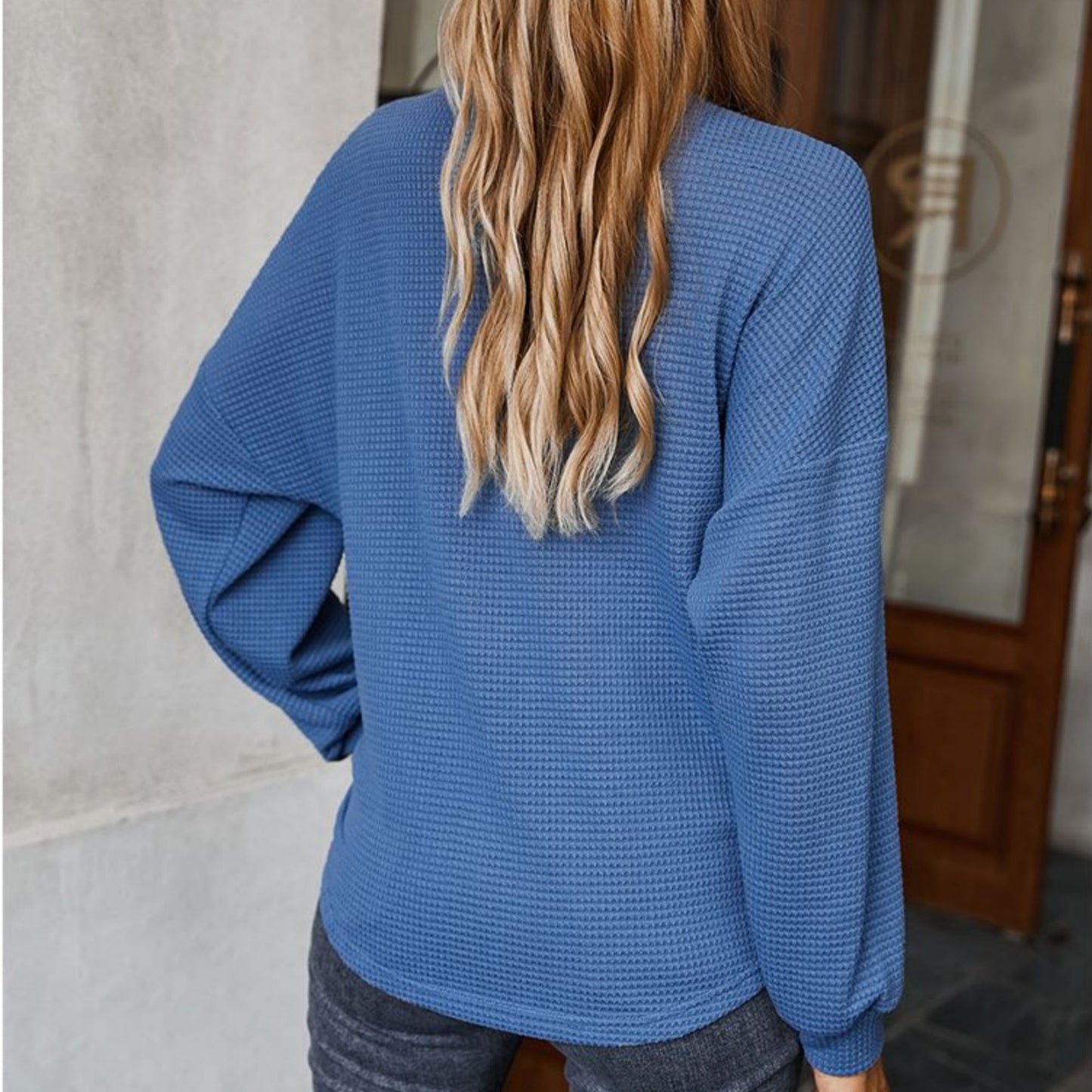 Anna-Kaci Women's Long Sleeve Waffle Knit Pullover Top with Shoulder Button Detail and Front Tie Hem