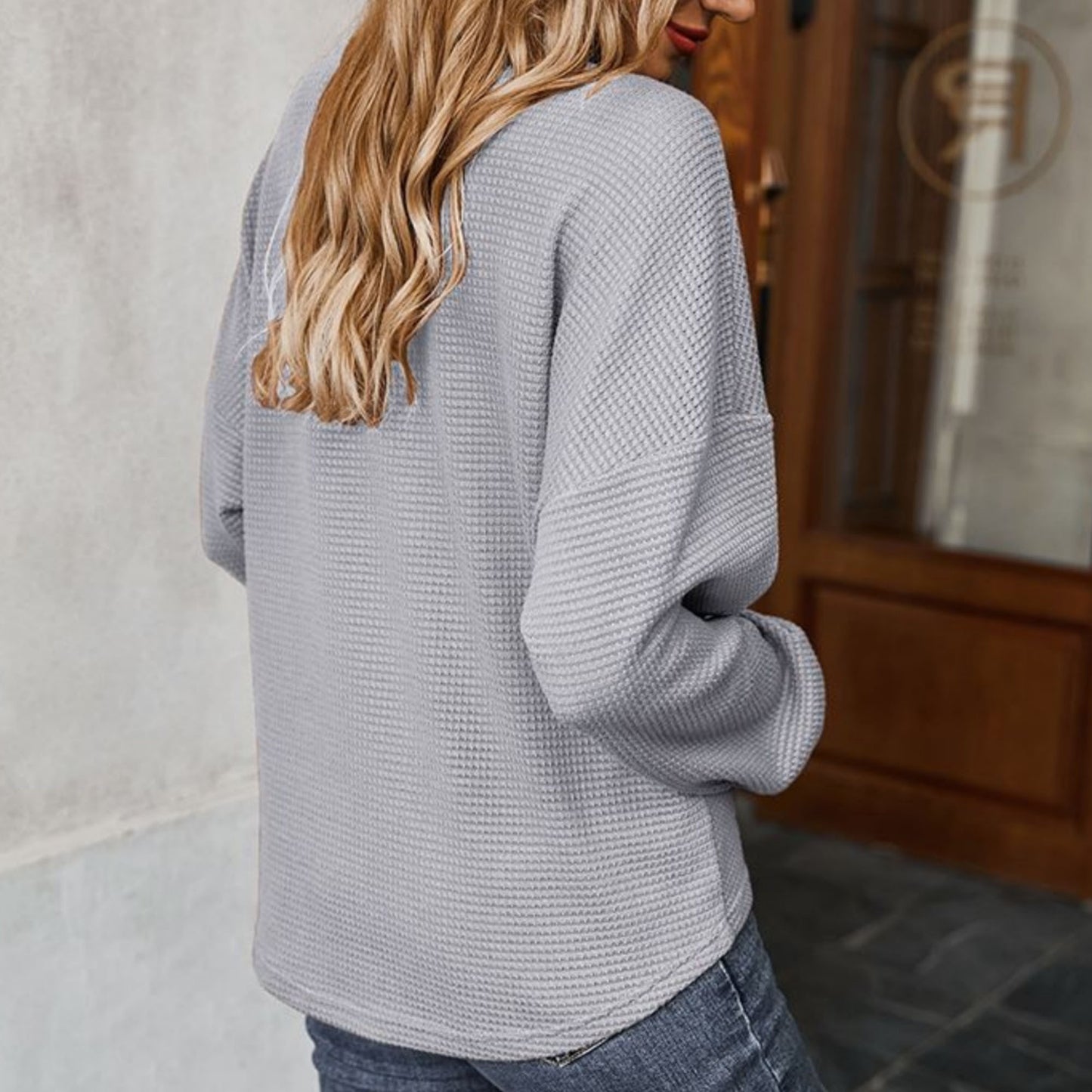 Anna-Kaci Women's Long Sleeve Waffle Knit Pullover Top with Shoulder Button Detail and Front Tie Hem