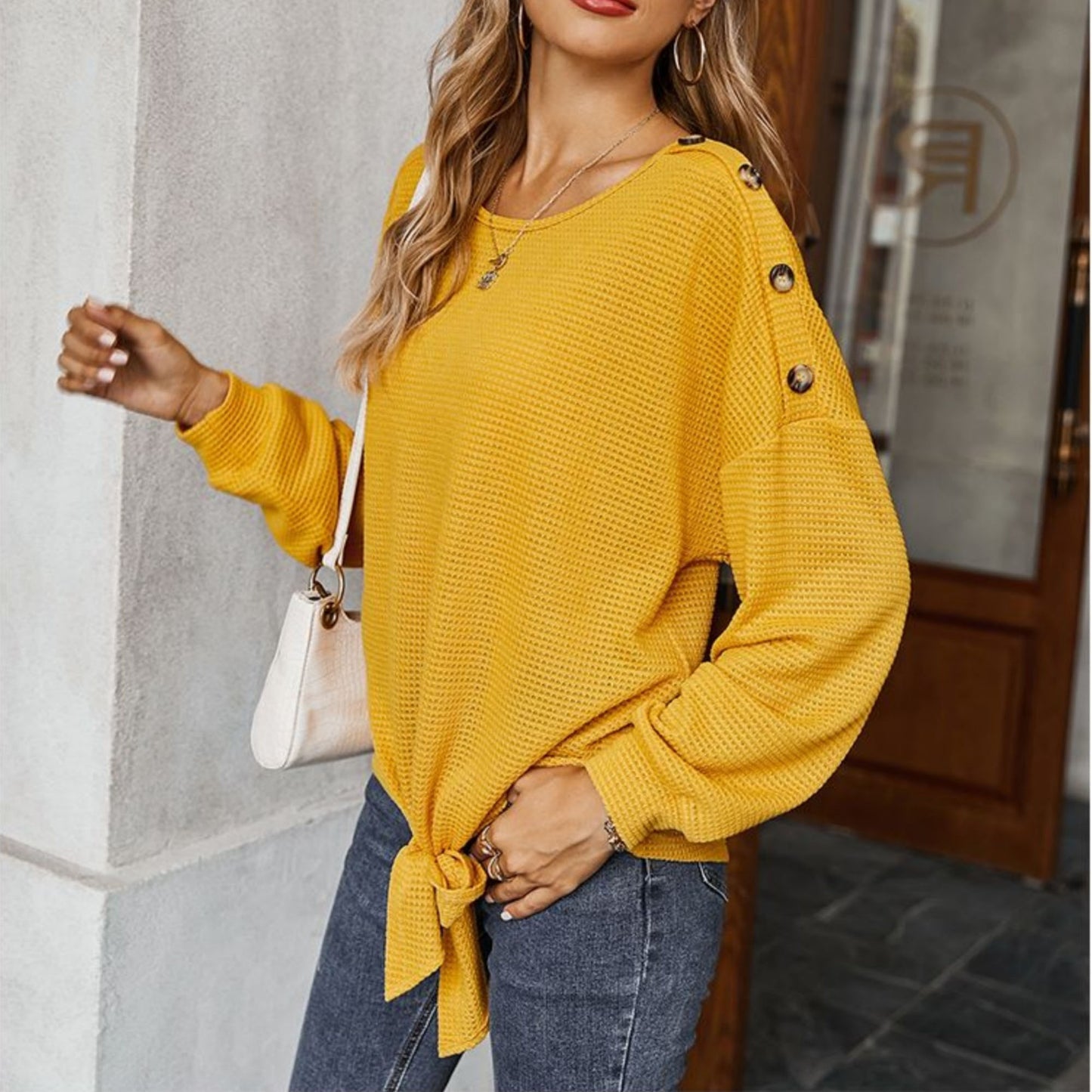 Anna-Kaci Women's Long Sleeve Waffle Knit Pullover Top with Shoulder Button Detail and Front Tie Hem