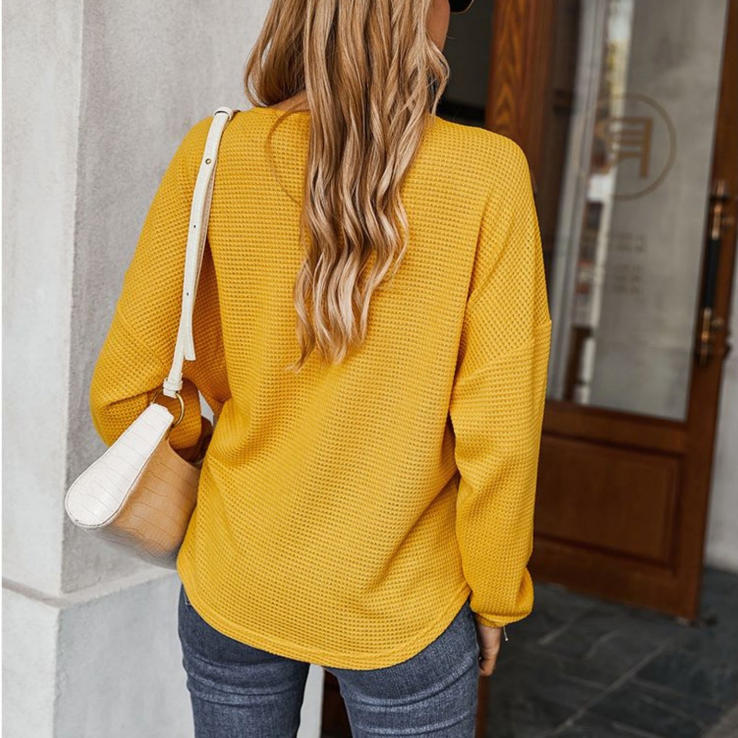 Anna-Kaci Women's Long Sleeve Waffle Knit Pullover Top with Shoulder Button Detail and Front Tie Hem