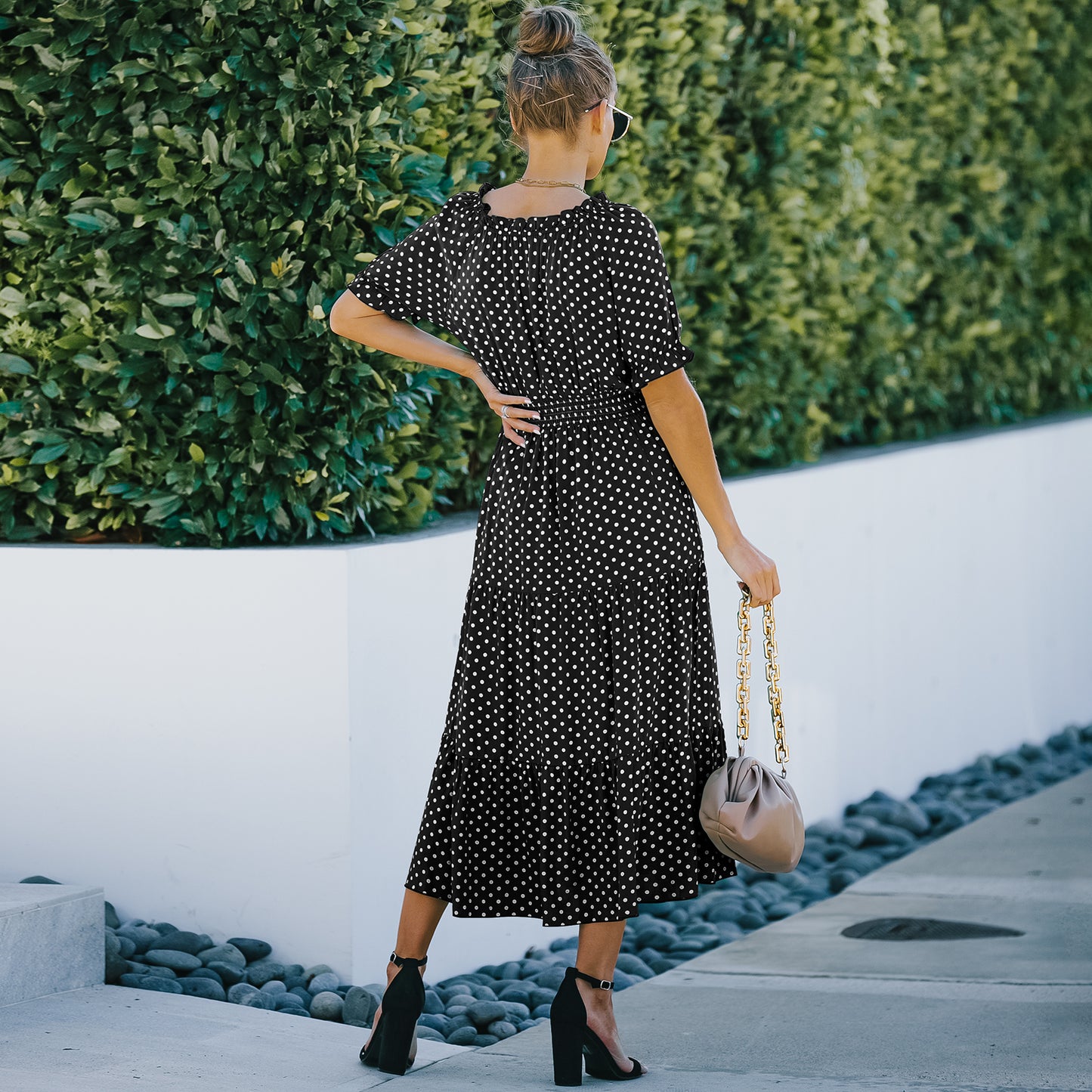 Elegant Polka Dot Ruffle Hem Maxi Dress