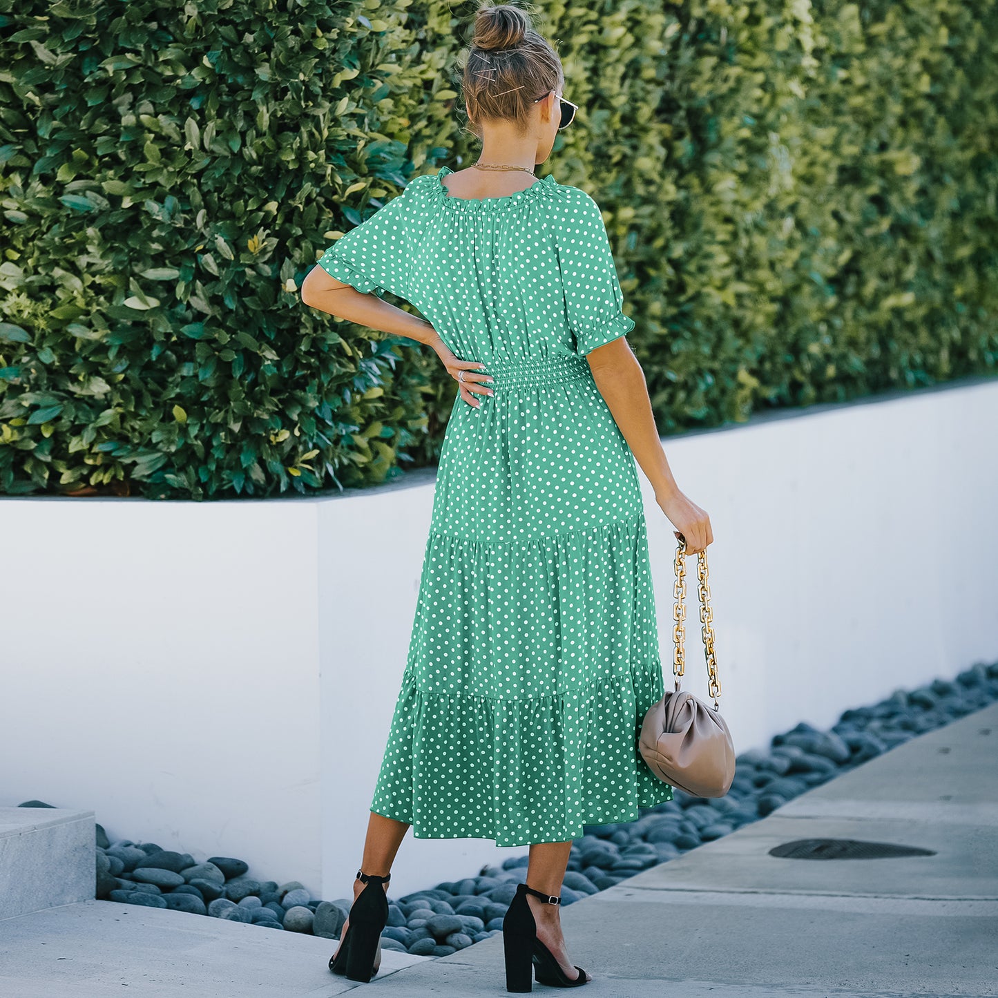 Elegant Polka Dot Ruffle Hem Maxi Dress