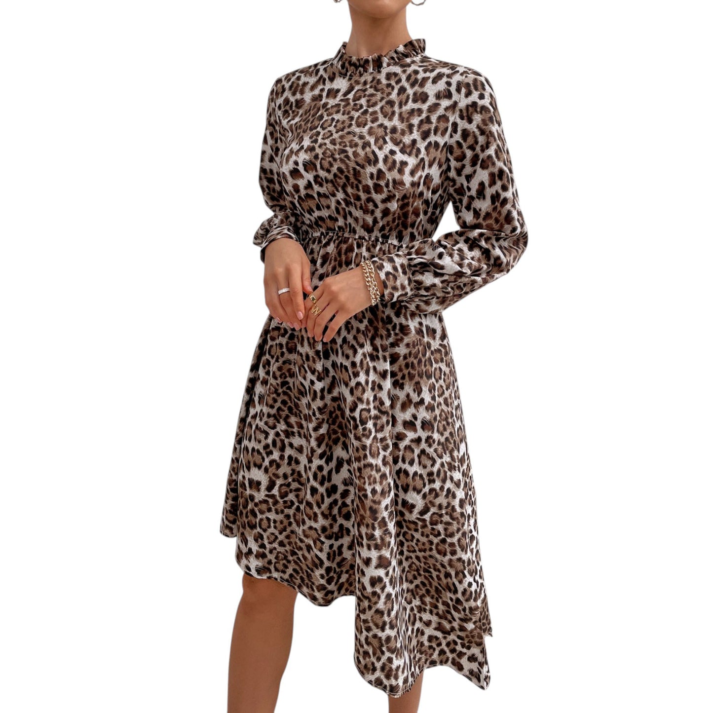 Anna-Kaci Women's Long Sleeve Leopard Print Midi Dress with High Neckline and Asymmetrical Hem
