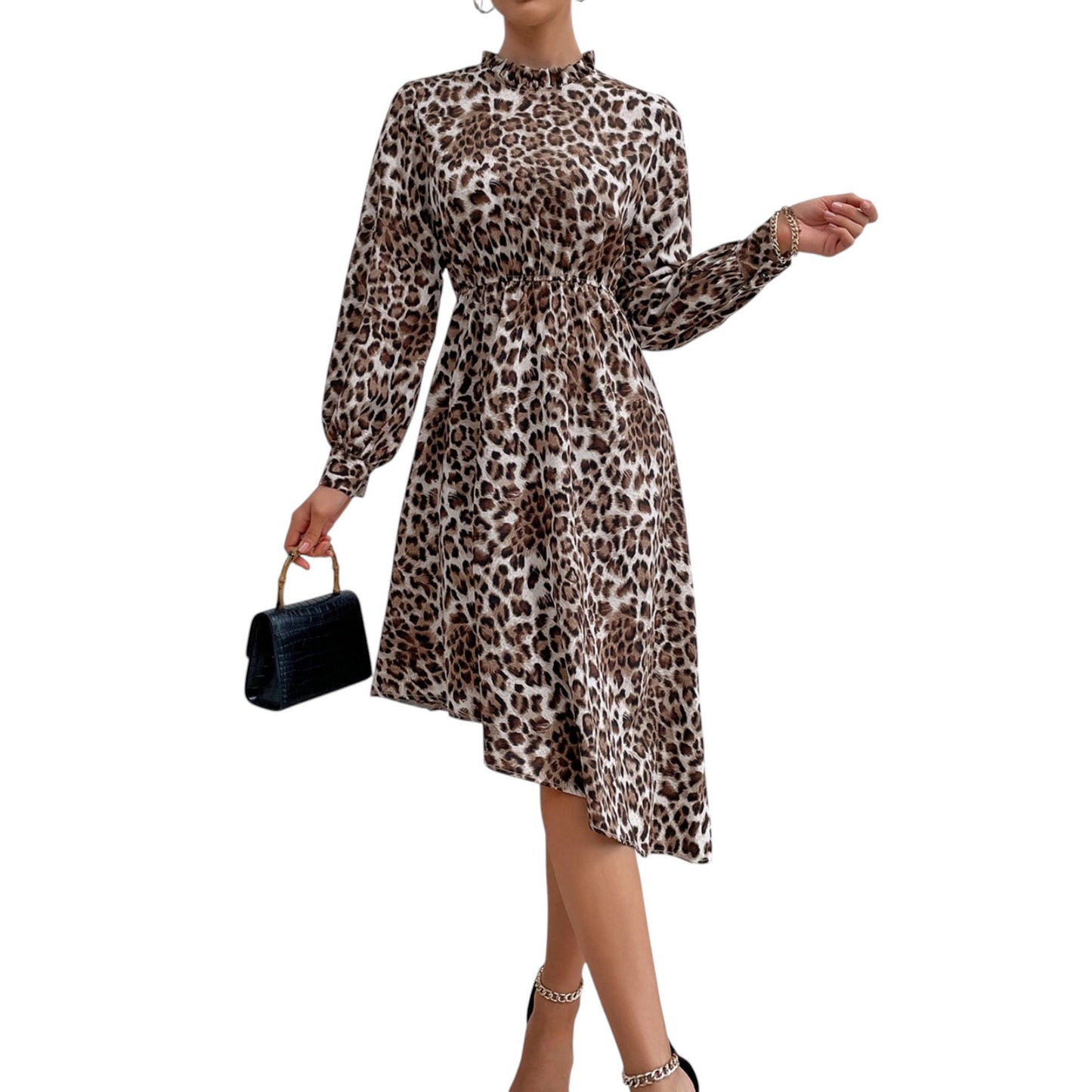 Anna-Kaci Women's Long Sleeve Leopard Print Midi Dress with High Neckline and Asymmetrical Hem