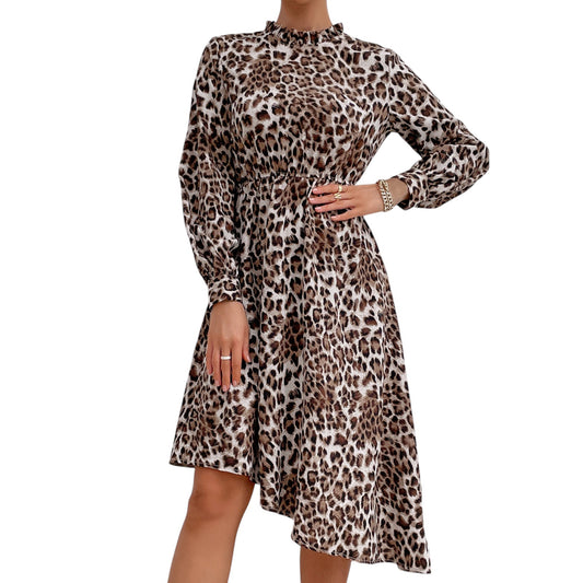 Anna-Kaci Women's Long Sleeve Leopard Print Midi Dress with High Neckline and Asymmetrical Hem