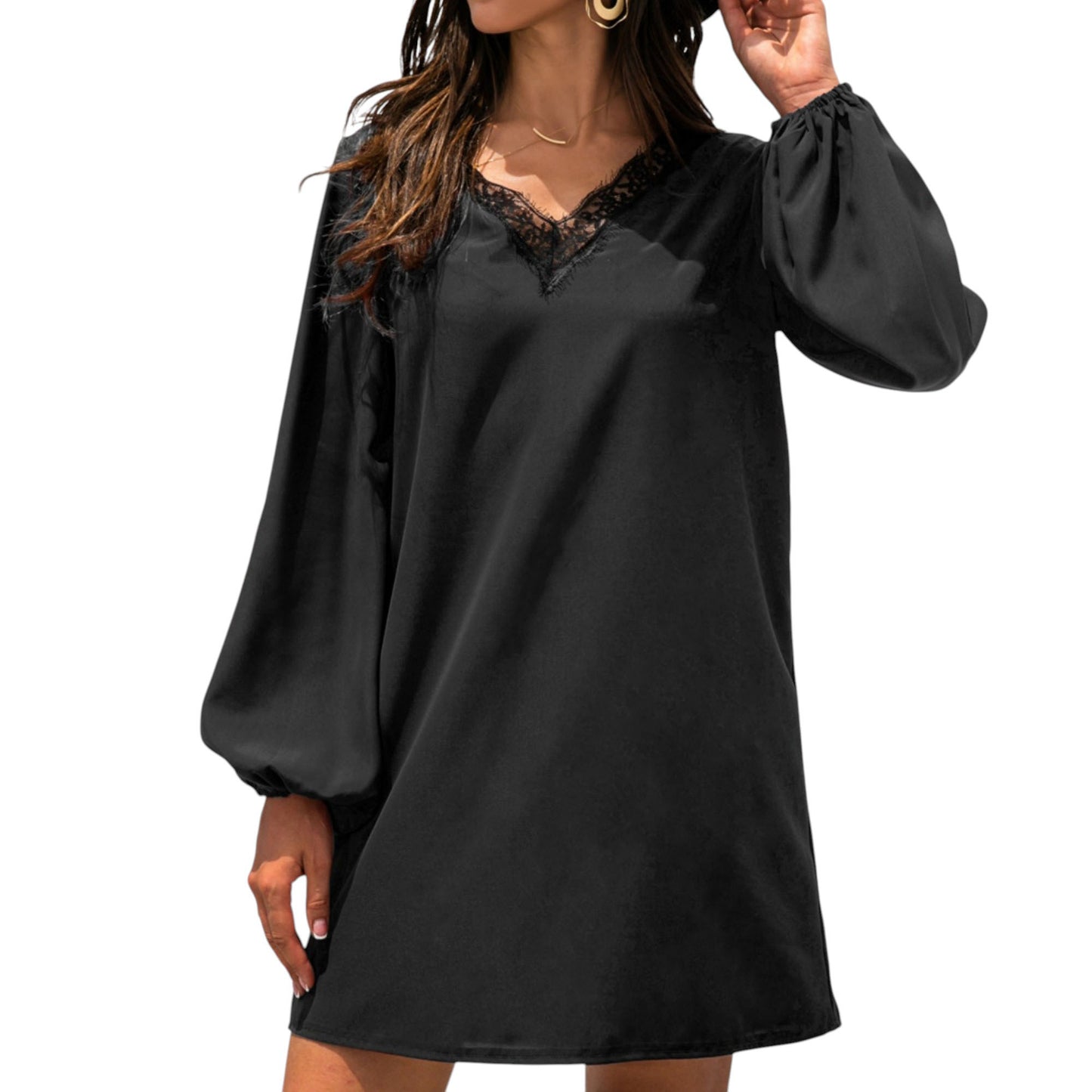 Anna-Kaci Women's Long Sleeve Mini Shift Dress with V-Neckline and Lace Trim Detail